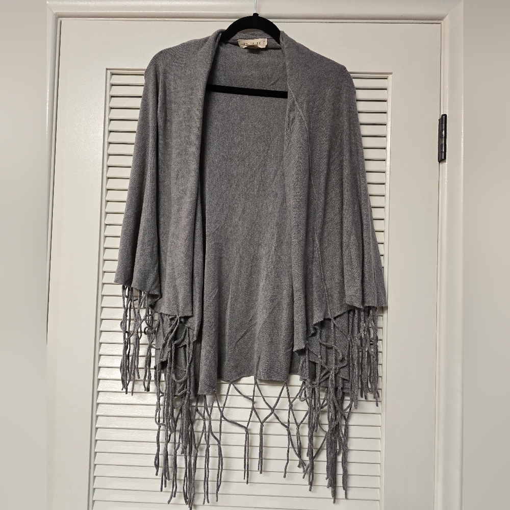 Lovestitch - Grey Bohemian Oversized Sleeveless Shawl Jacket With Fringe Hem.